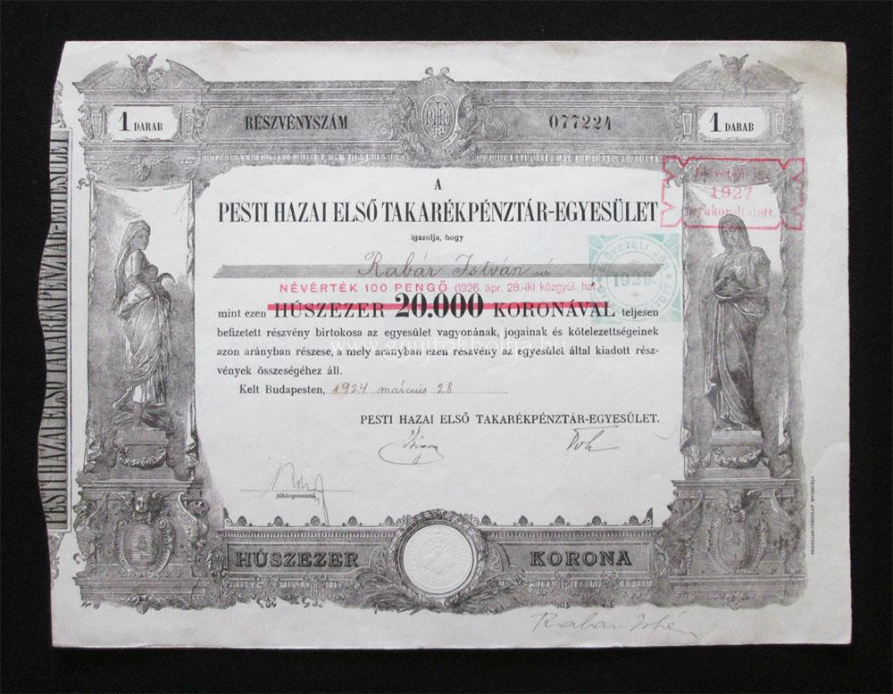 Pesti Hazai Első Takarékpénztár részvény 20000 korona 1924